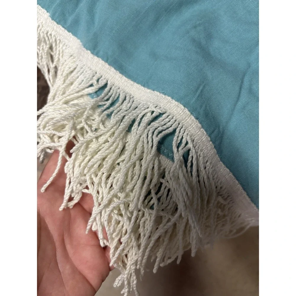 Vintage 70s Blue Linen And Fringe Table Skirt 60